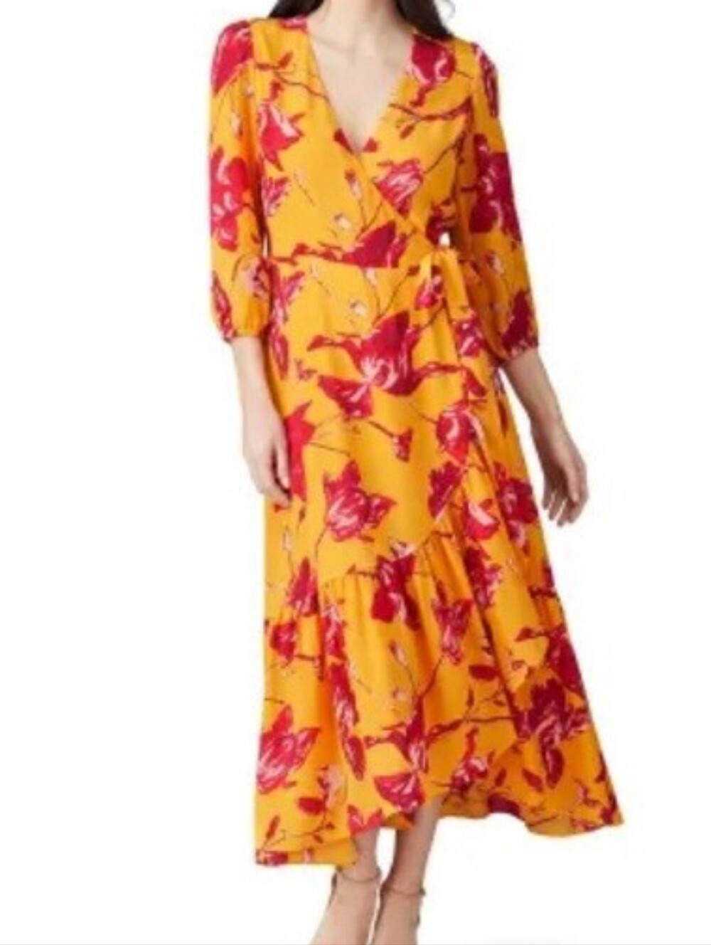 Bright Yellow Maxi Wrap Dress with Hot Pink Floral Print